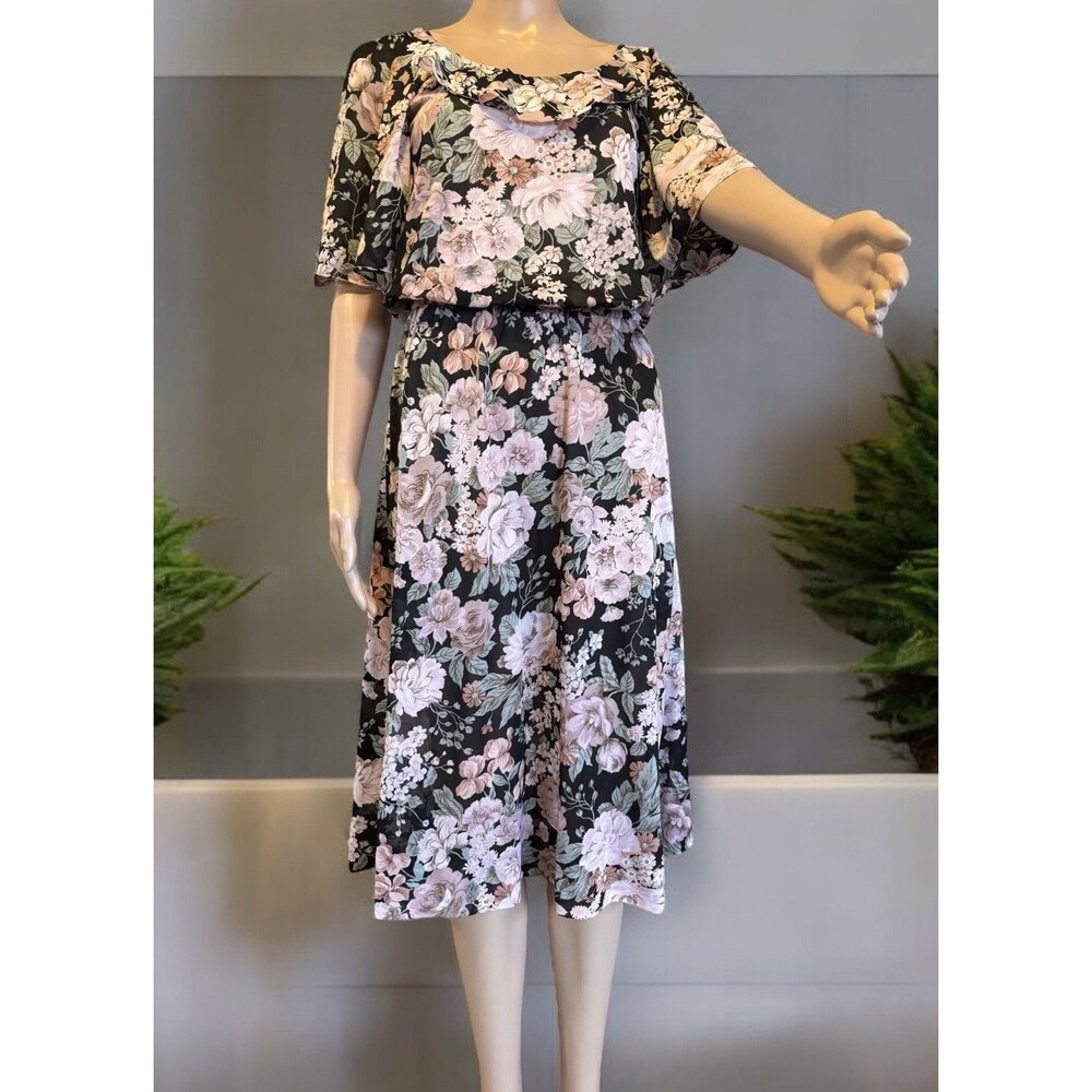 VTG 70s 80s Black Pink Floral Midi Dress Size 10 Butterfly Sleeve Elastic waist